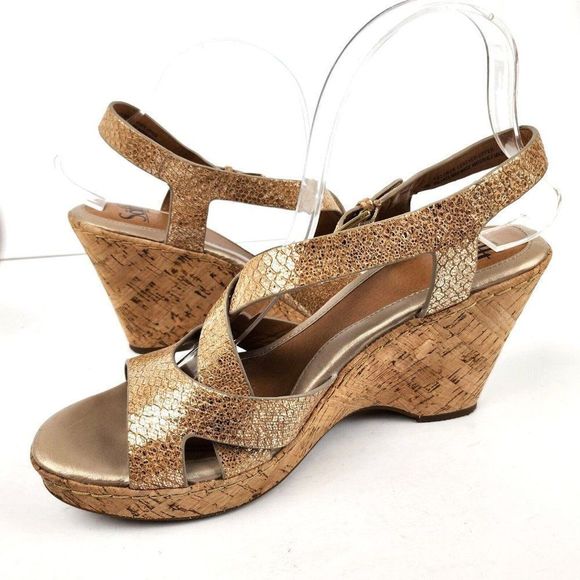 Sofft Cork Gold Metallic Reptile Strappy Leather Cork Wedges Comfort Sandals 10M - Picture 7 of 8